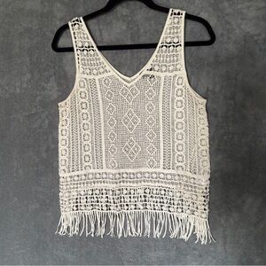Boho Cottagecore Cream Crochet Fringe Festival Tank Top size medium petite